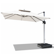 CasaFiora 3x3m cantilever outdoor umbrella with solar LED lights and water base in white color, set in a garden.