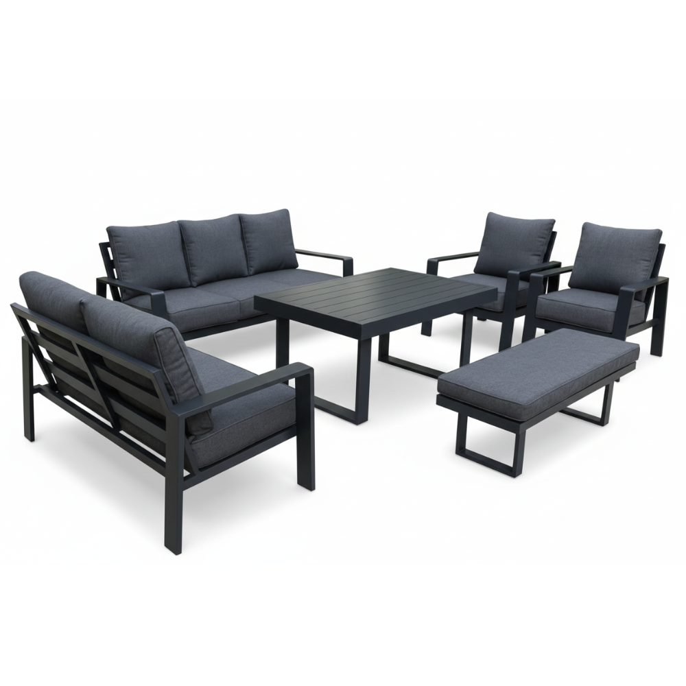 CasaFiora Noir Luxe outdoor lounge sofa set featuring premium all-weather cushions in a stylish arrangement.