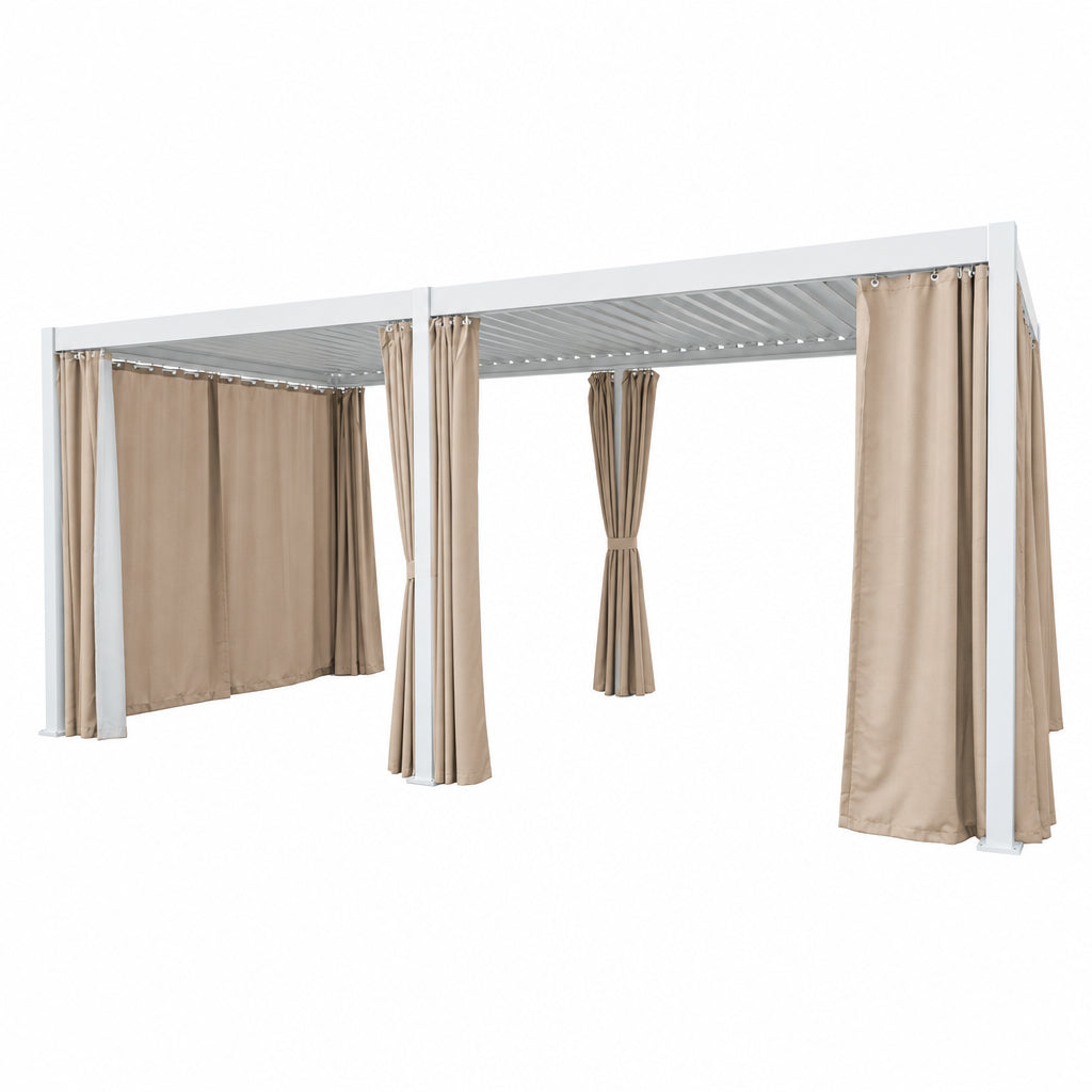 A white outdoor patio cabana with beige curtains on a seamless white background.