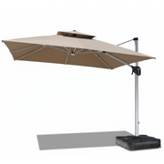 CasaFiora 3x3m cantilever outdoor umbrella in khaki with solar LED lights and water base, showcasing its elegant design.