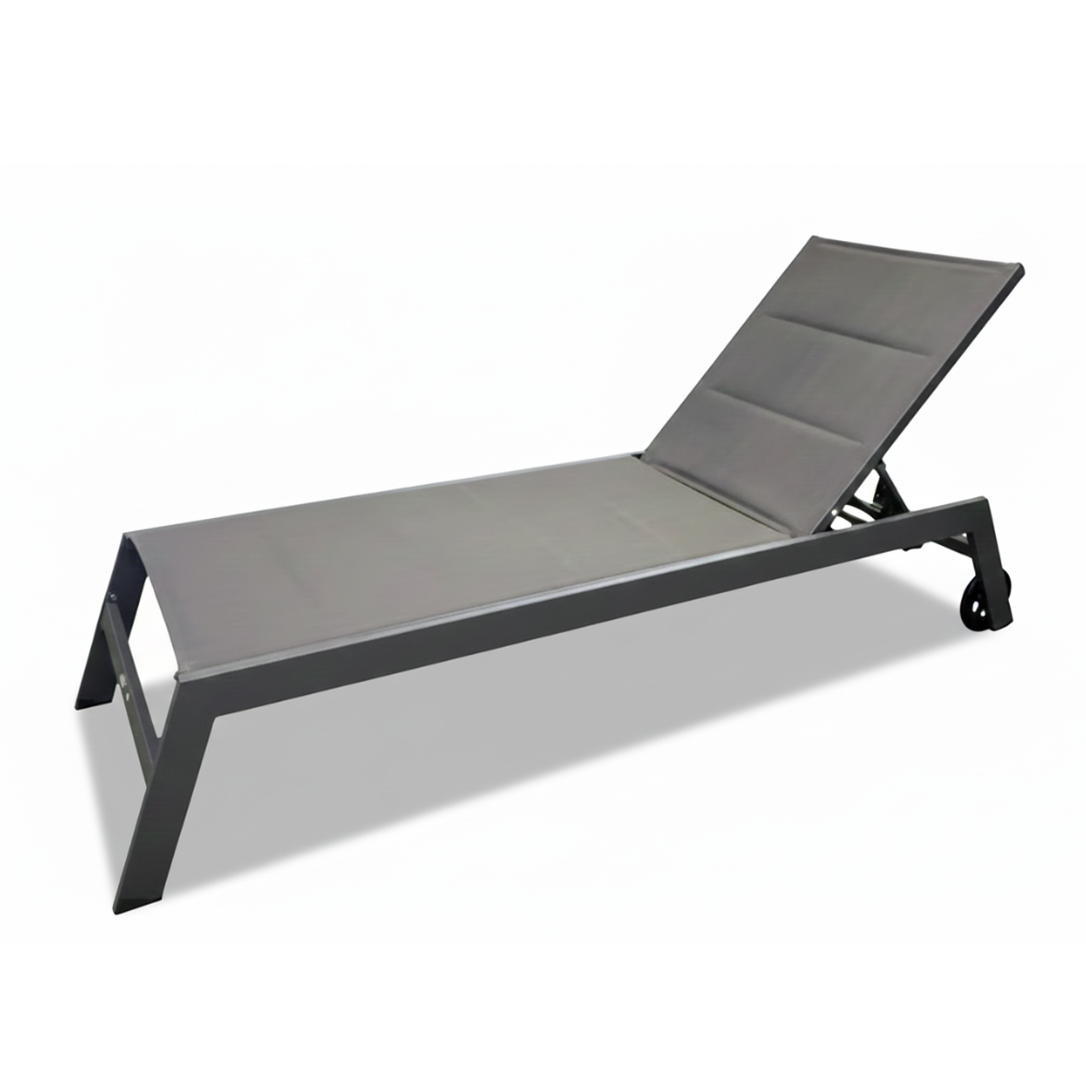 CasaFiora NoirLuxe™ dark grey aluminum sun lounger with sleek design, perfect for outdoor relaxation and comfort.