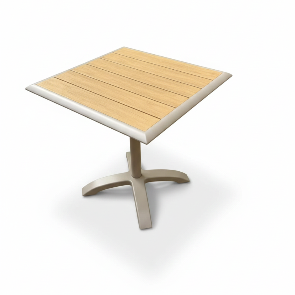 CasaFiora WovenLine 4-seater outdoor dining set with aluminum frame and wood-effect tabletop in a garden setting.