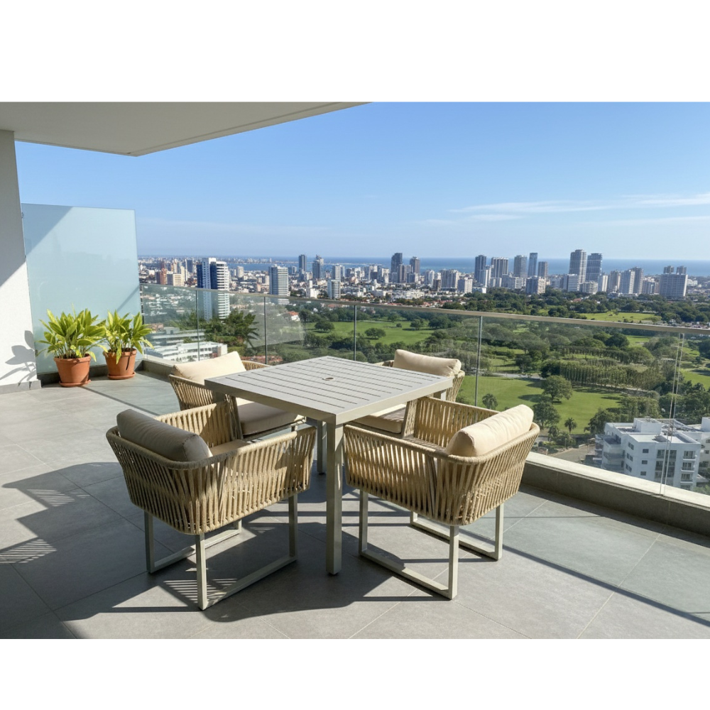 Aluminum beige rope dining set with beige cushions from Casa Fiora, showcasing outdoor furniture design and comfort.