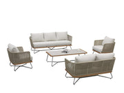 Beige 7-seater outdoor aluminum rope lounge set with weather-resistant cushions, perfect for outdoor patio relaxation.