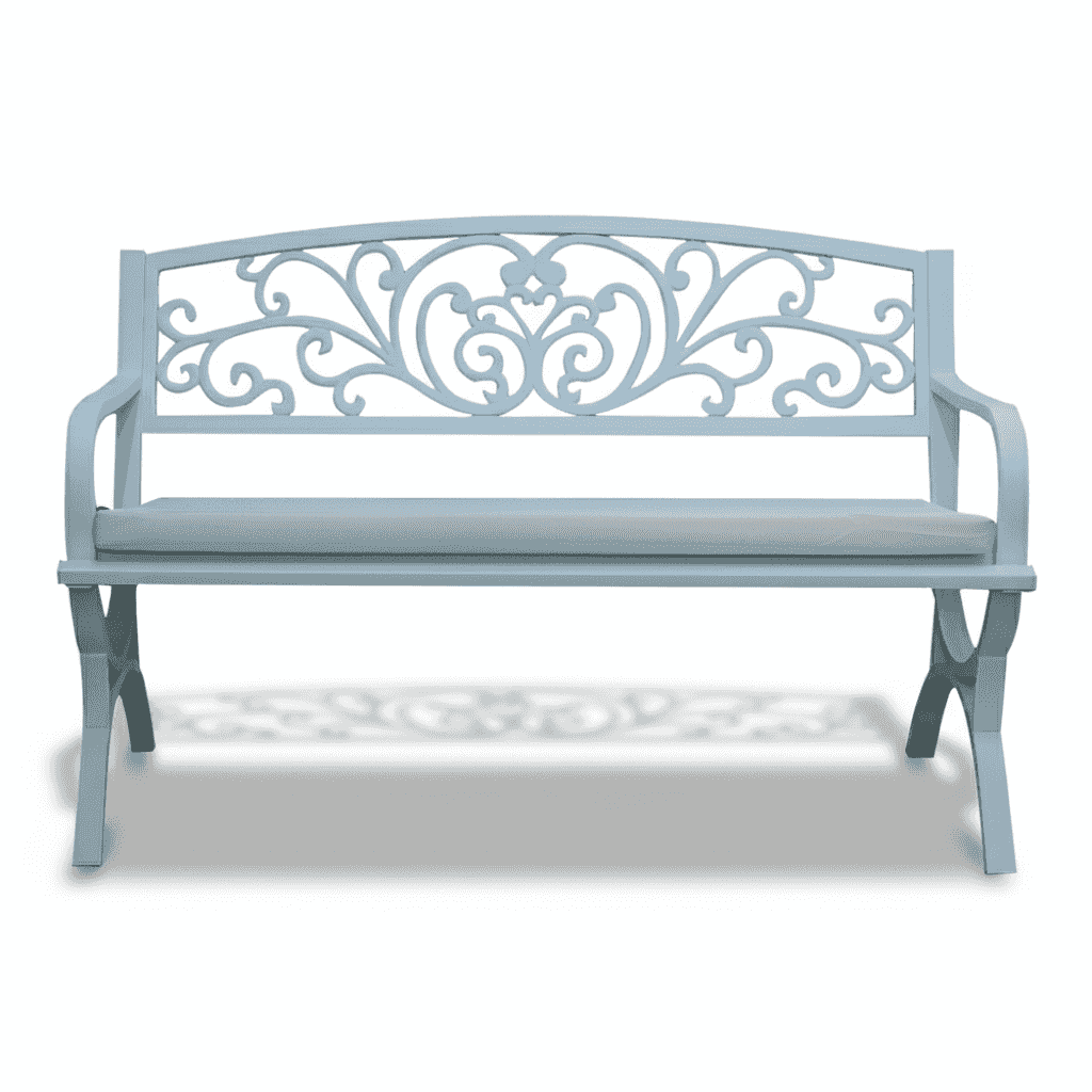 White steel bench by with a sleek design, perfect for outdoor seating in gardens or patios.