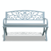 White steel bench by with a sleek design, perfect for outdoor seating in gardens or patios.