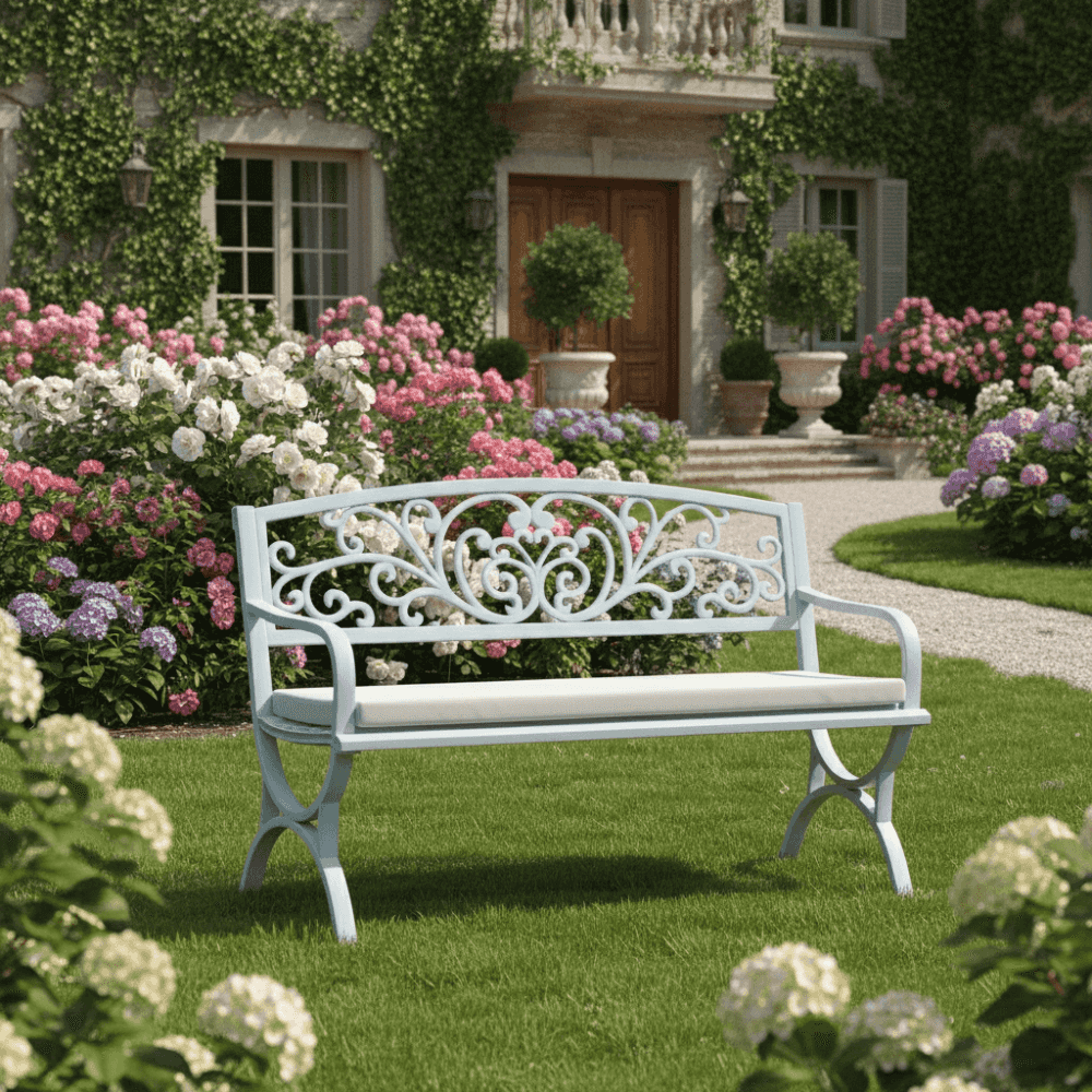 White steel bench by , featuring a sleek modern design for outdoor seating in a garden or patio setting.