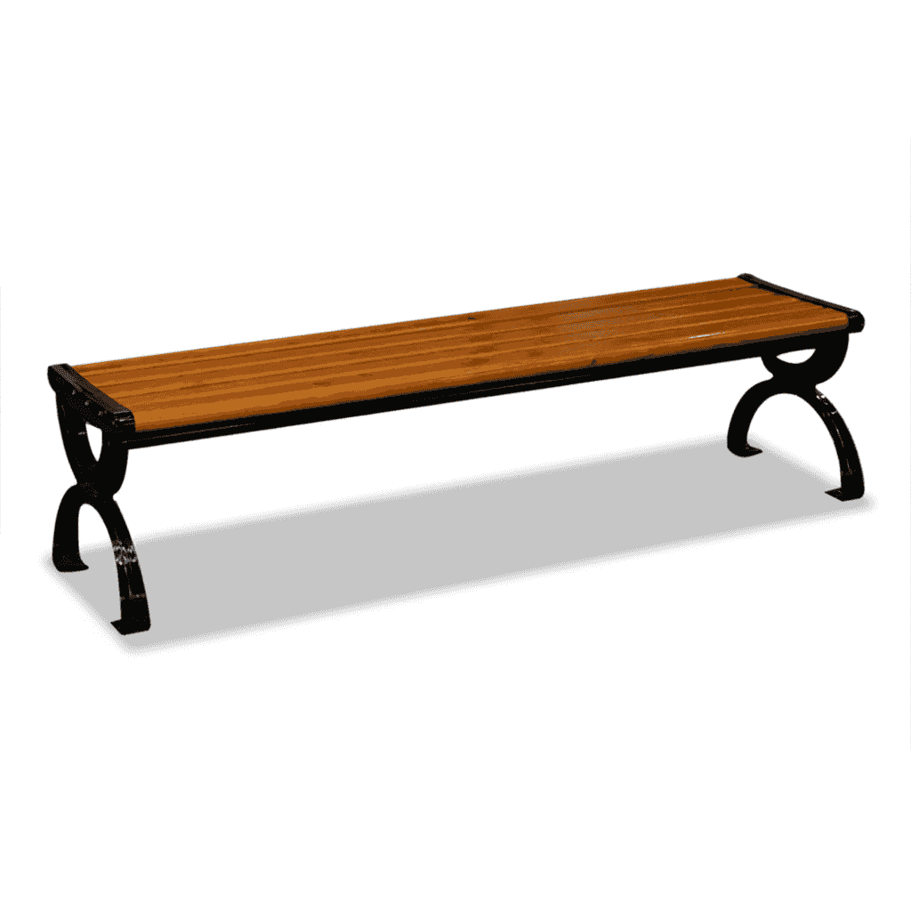 wood garden bench with a natural finish, set in a lush outdoor garden environment.