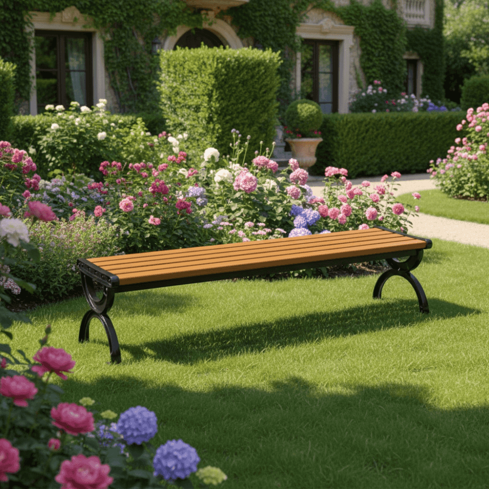 wood garden bench with a natural finish, placed in a lush outdoor setting surrounded by greenery.