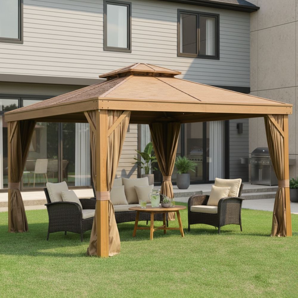 Wooden Color Double Roof Gazebo – Premium Aluminum Frame with Mosquito Net & Curtains