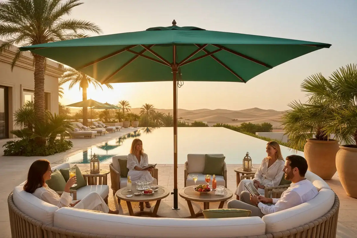 Lifestyle shot of people relaxing under green umbrella shade at golden hour