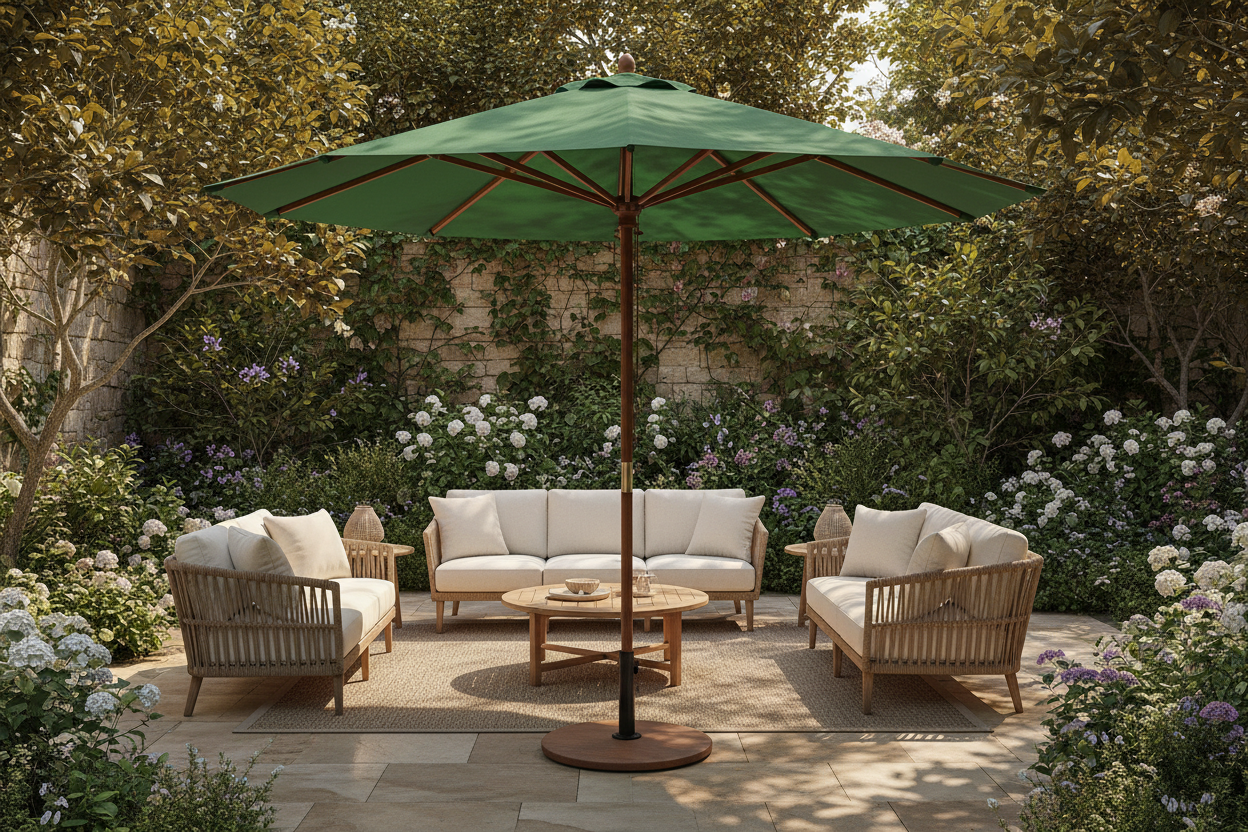 green wooden garden umbrella providing shade on patio terrace