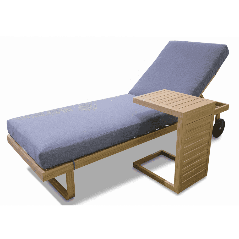 Wooden paint aluminium sunlounge with grey cushion and side table by , perfect for outdoor relaxation.