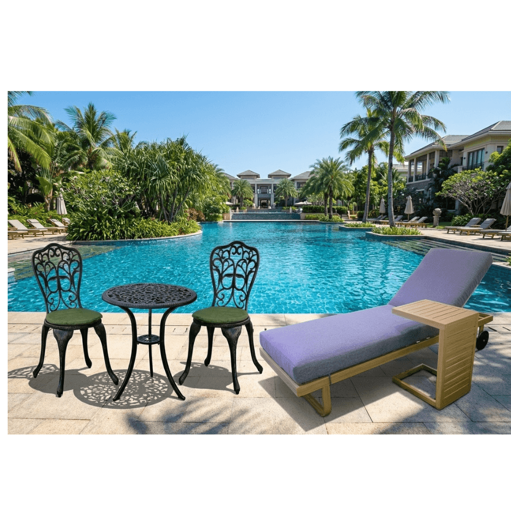 Wooden paint sunlounge with grey cushion and side table by , perfect for outdoor relaxation.