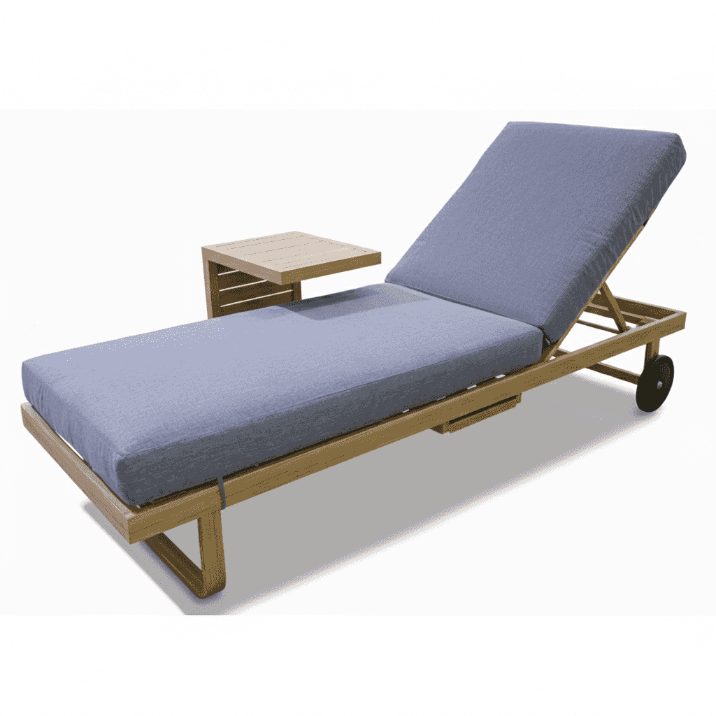 Wooden paint sunlounge with grey cushion and side table by , ideal for outdoor relaxation.