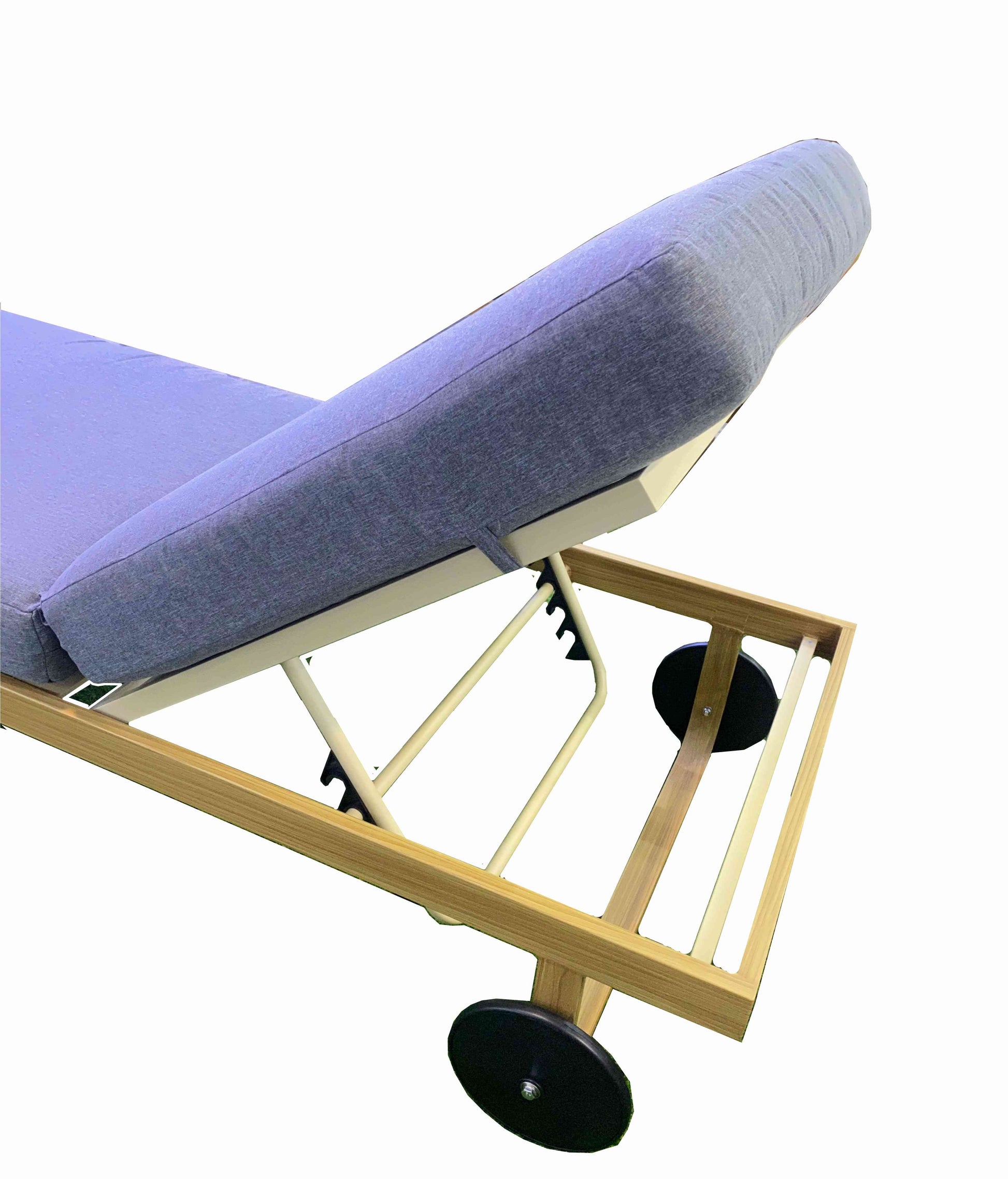 Wooden paint aluminium sunlounge with grey cushion and side table by , perfect for outdoor relaxation.