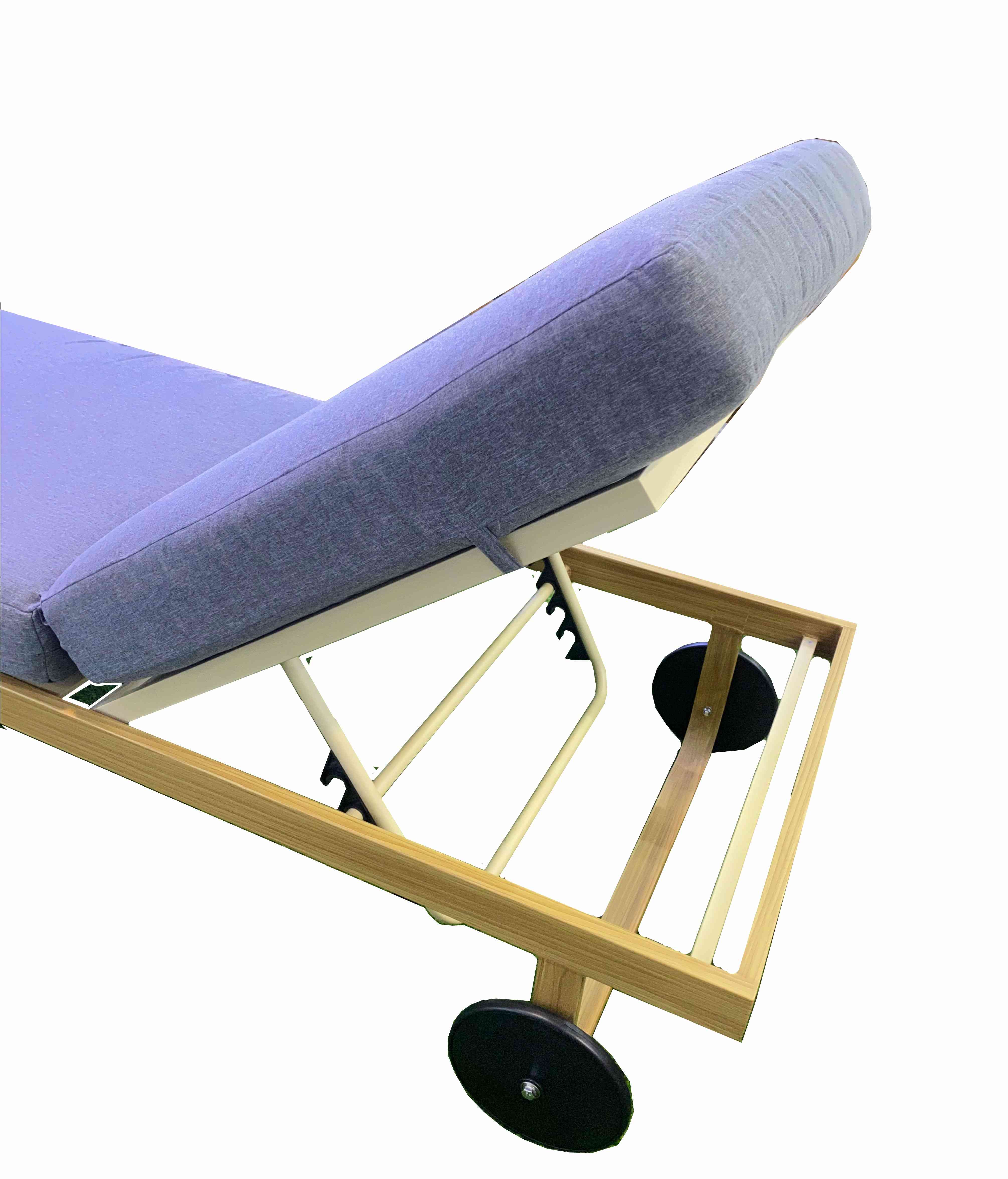 Wooden paint aluminium sunlounge with grey cushion and side table by , perfect for outdoor relaxation.