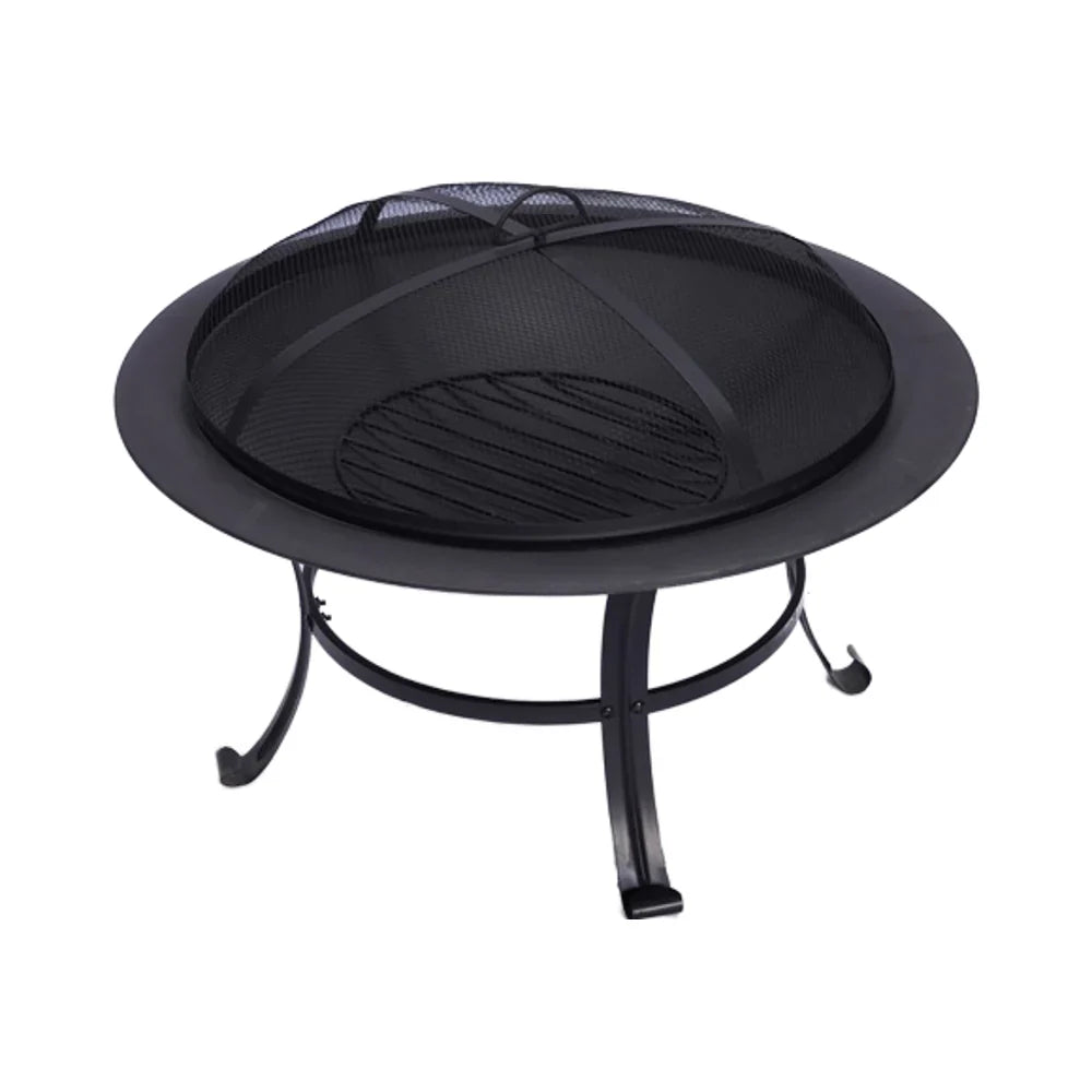 Round Casa Fiora outdoor fire pit BBQ grill, 76cm, set up in a garden, featuring a cooking station and patio heater design.