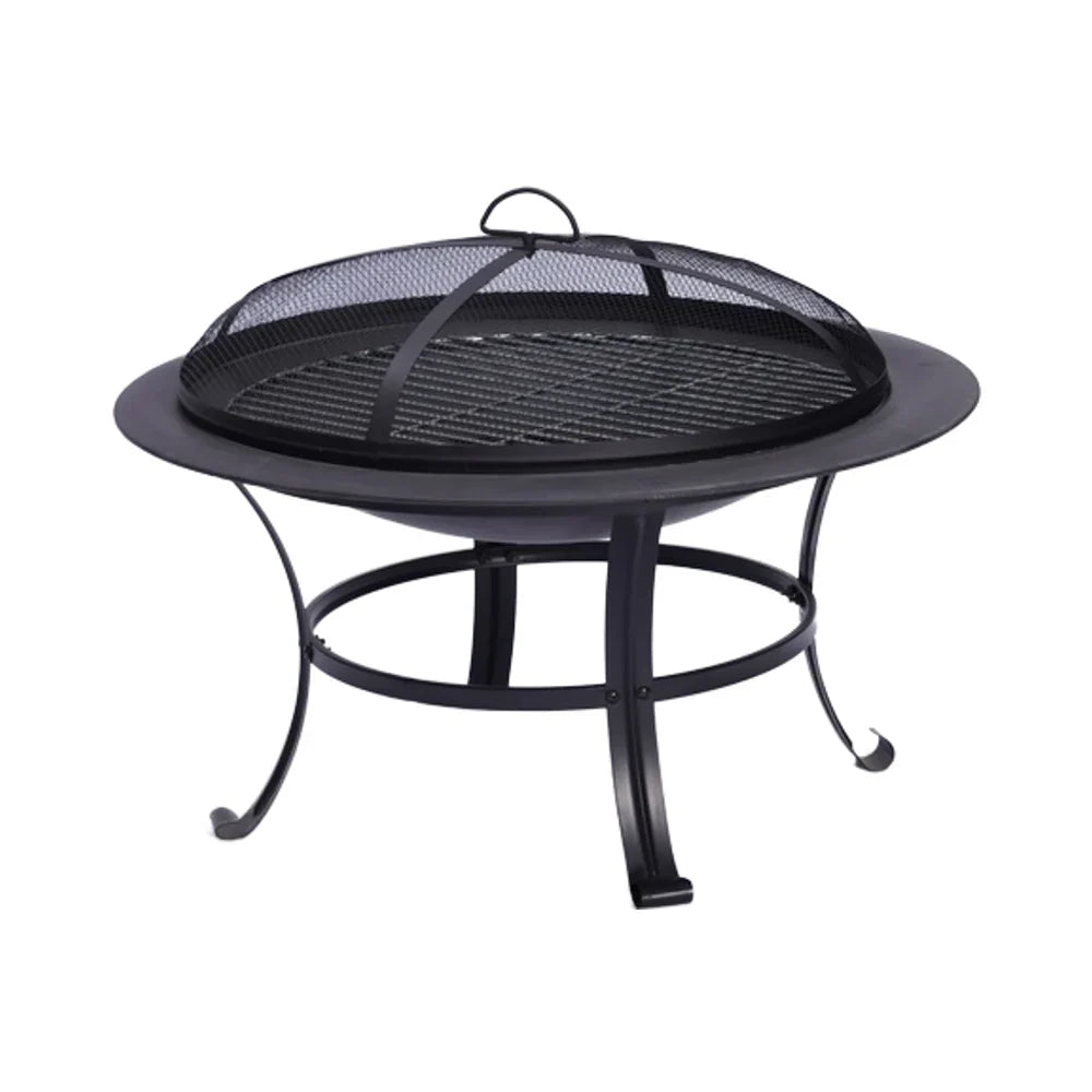 Round Casa Fiora outdoor fire pit BBQ grill, 76cm, set up in a garden patio for heating and cooking.