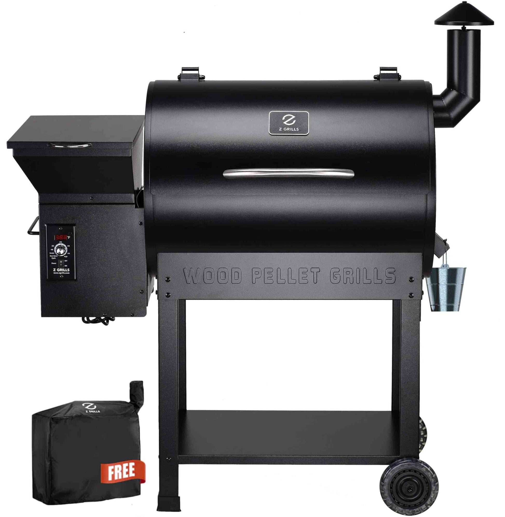 Z GRILLS 8-in-1 wood pellet outdoor grill and smoker with digital controls, showcasing its sleek stainless steel design and grilling surface.