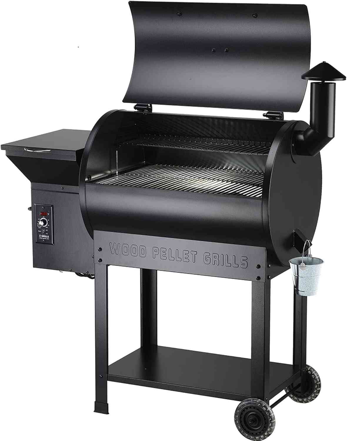 Z GRILLS 8-in-1 wood pellet outdoor grill and smoker with auto temperature control, showcasing the sleek black grilling unit.