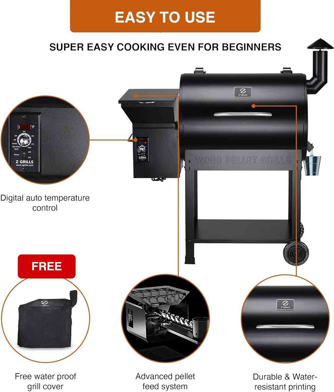 Z GRILLS 8-in-1 outdoor wood pellet grill and smoker with digital controls, shown with lid open and grilling grates.