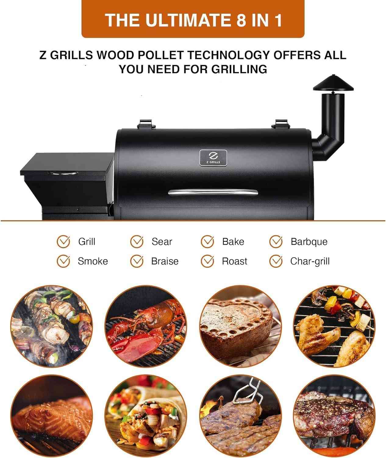 Z GRILLS 8-in-1 wood pellet outdoor grill and smoker with digital control panel and stainless steel construction.