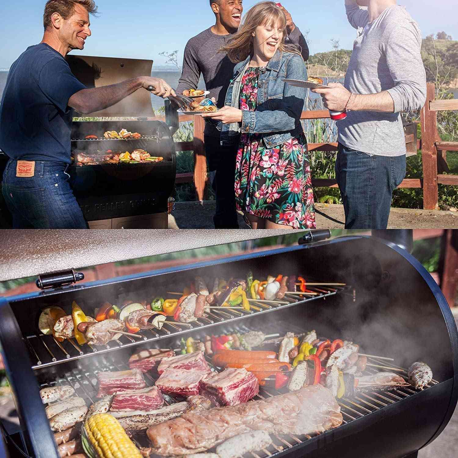 Z GRILLS 8-in-1 wood pellet outdoor grill and smoker with digital control panel and stainless steel build.
