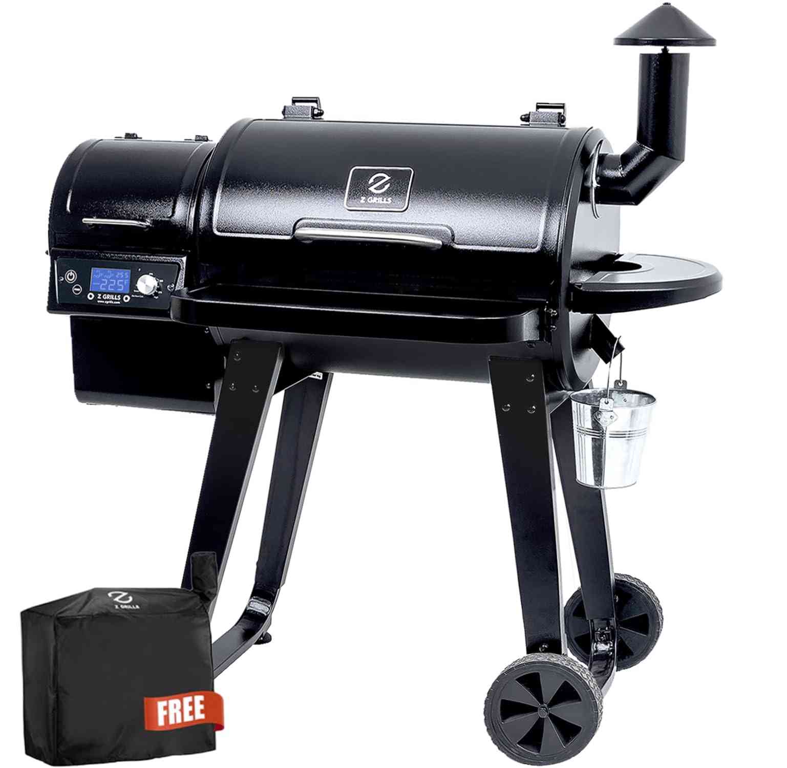 Z GRILLS 8-in-1 wood pellet outdoor grill and smoker with digital control panel and stainless steel lid.