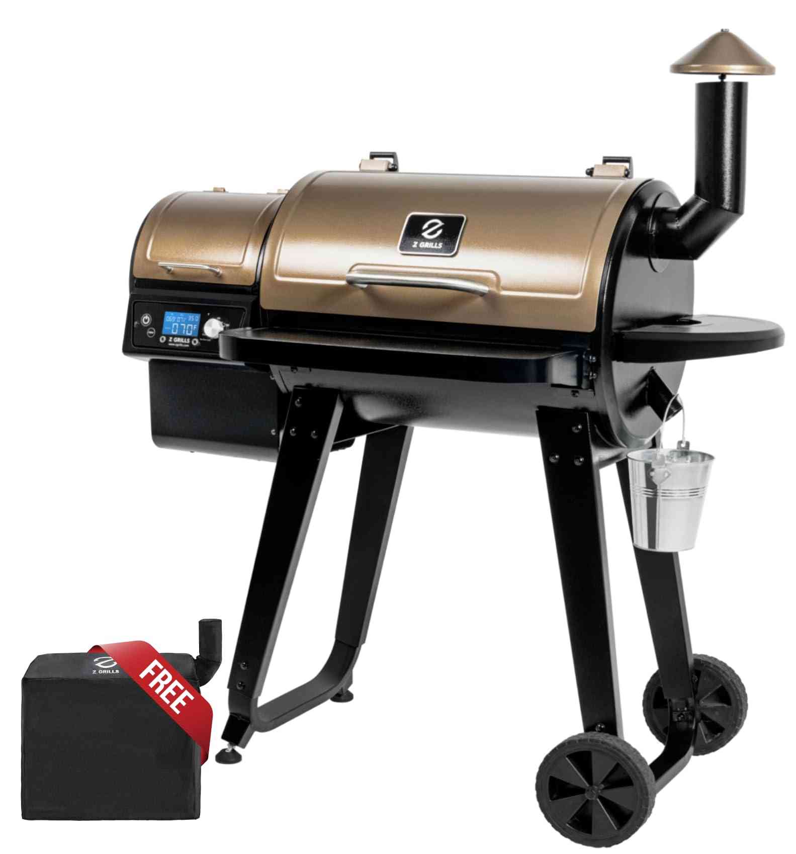 Z GRILLS 8-in-1 wood pellet outdoor grill and smoker with digital control panel and stainless steel construction.