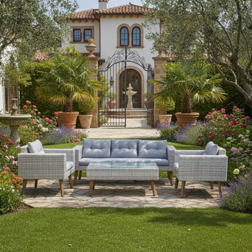 7 seater grey rattan lounge set with grey cushions, featuring a modern design by Casa Fiora for outdoor relaxation.