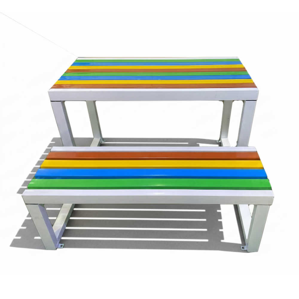 Multi-color wood bench by Casa Fiora, showcasing a vibrant design perfect for outdoor seating and decor.