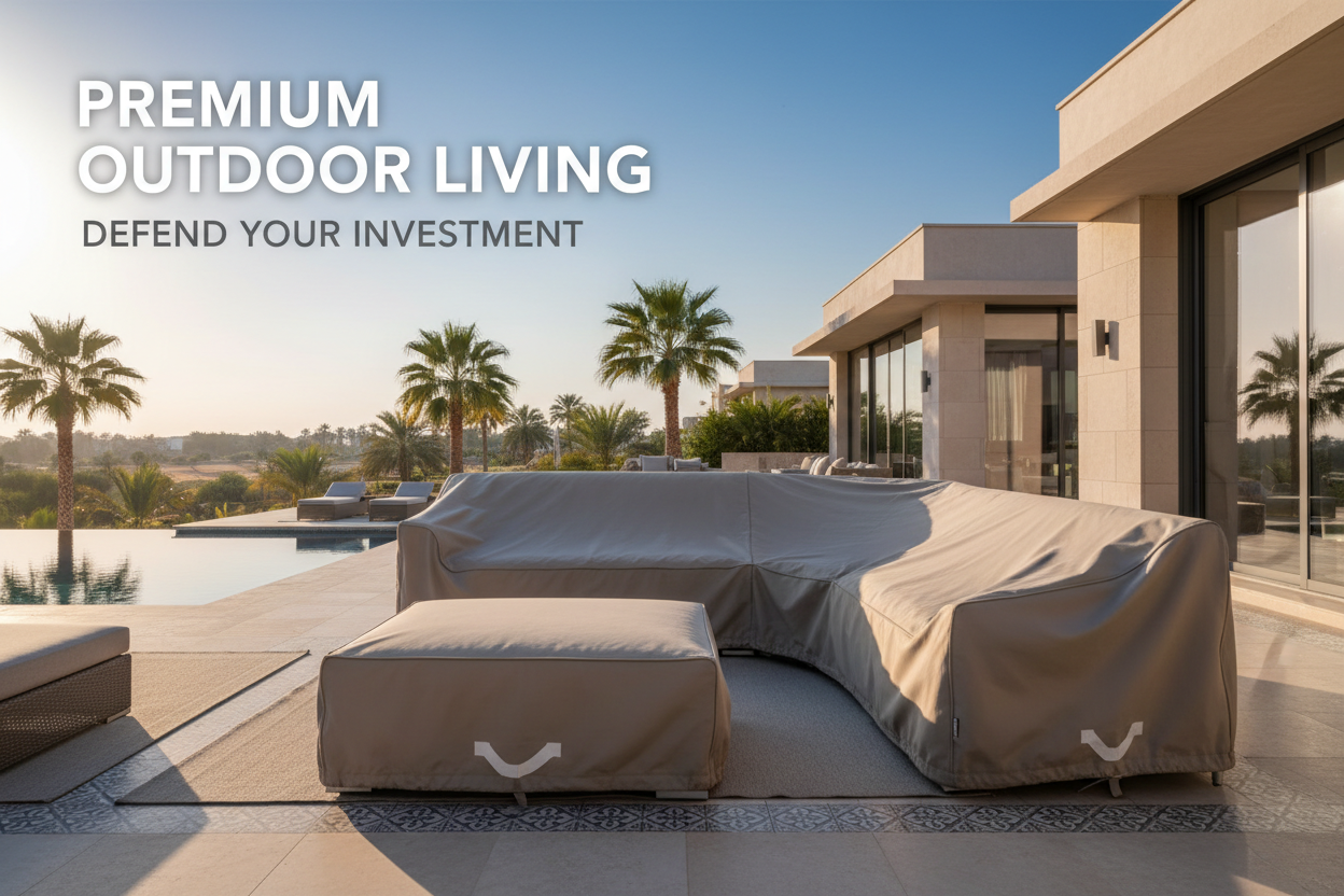 Premium outdoor furniture cover by The Outdoor Furniture Market, UV-resistant and waterproof, fits 3.5m x 3.5m outdoor furniture.