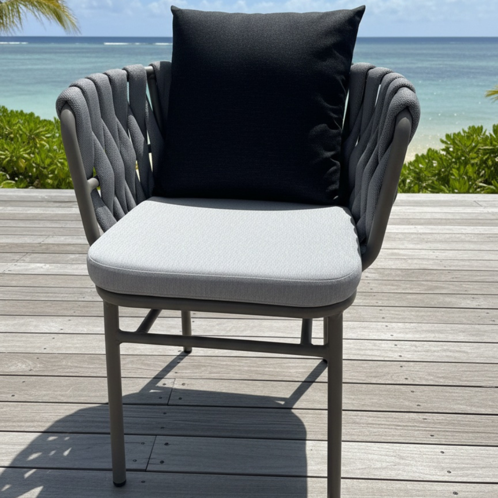 Modern Outdoor Rope-Weave Dining Chair – Aluminum Frame & Weatherproof Cushions