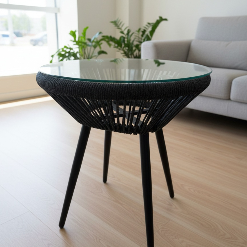 Modern Woven Accent Table with Glass Top