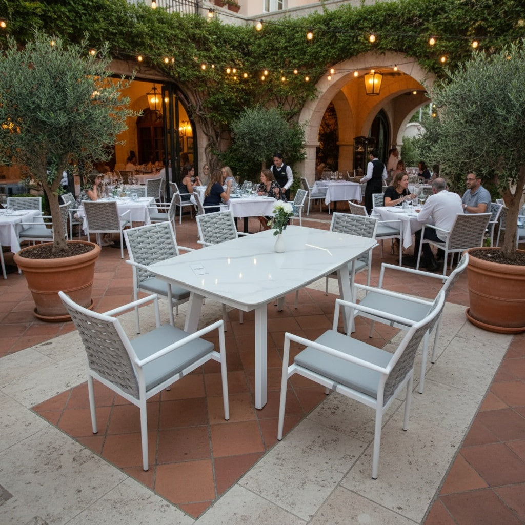 Outdoor Aluminium Dining Set with Waterproof Cushions – 6 Seats