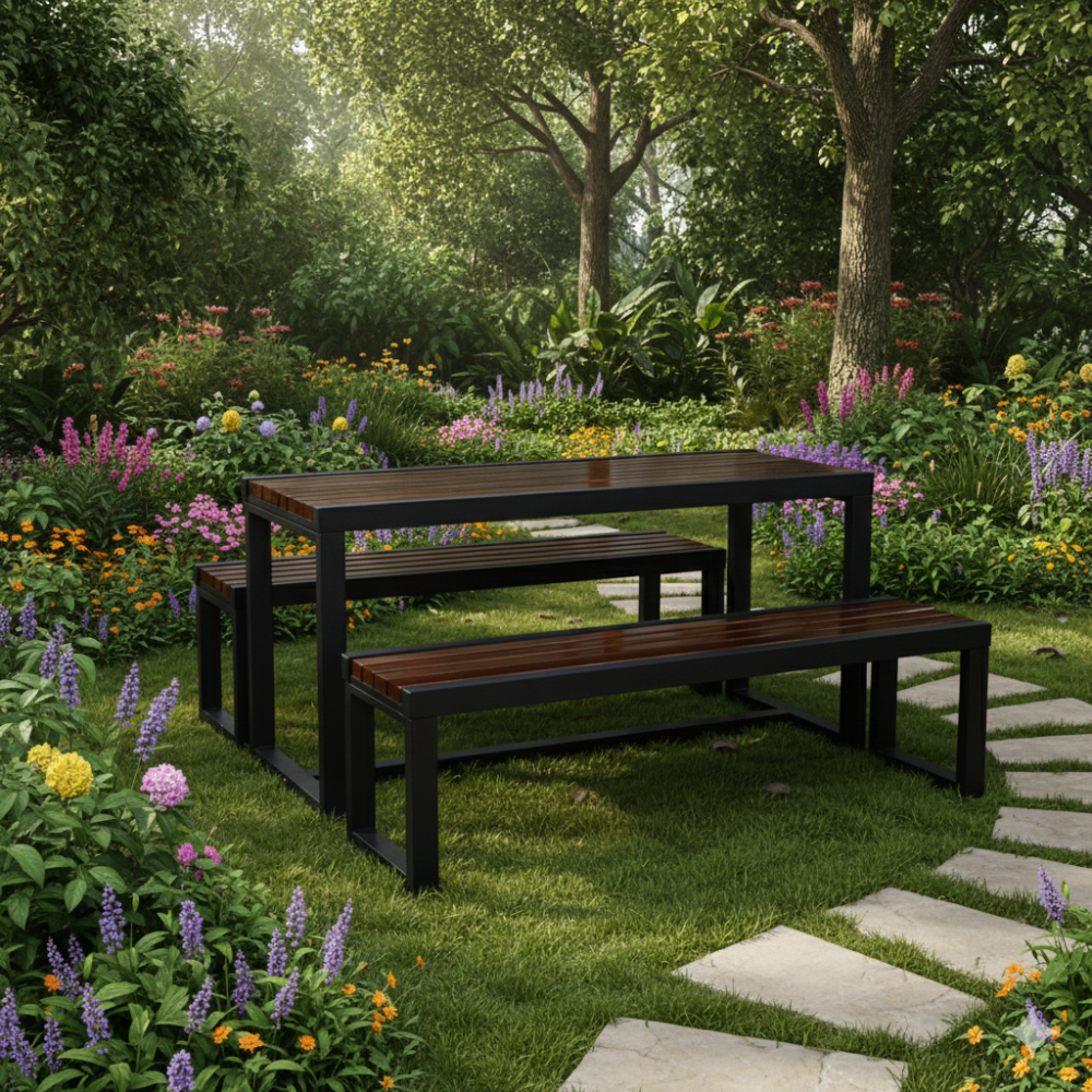 Outdoor picnic table set featuring wooden slats and a sturdy metal frame by Casa Fiora.