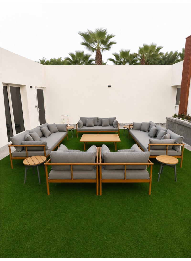 7-Seater Aluminium Outdoor Lounge Set with Cushions | Wood-Effect Frame | Brown