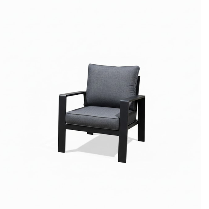 5-Piece Black Aluminium Outdoor Sofa Set | Dark Grey Cushions | Bench & Slatted Table