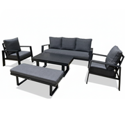 5-Piece Black Aluminium Outdoor Sofa Set | Dark Grey Cushions | Bench & Slatted Table