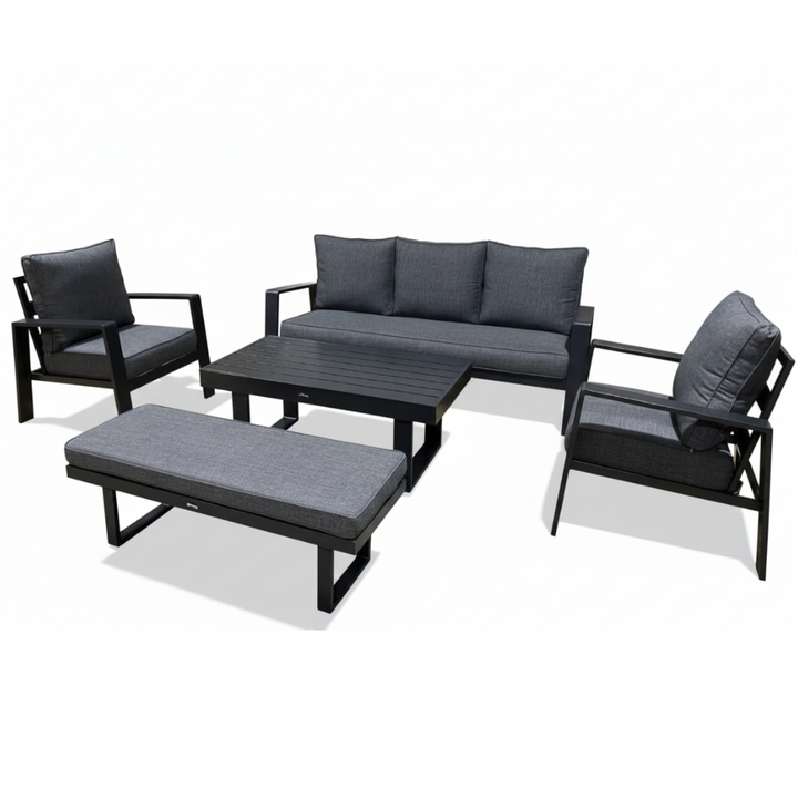 5-Piece Black Aluminium Outdoor Sofa Set | Dark Grey Cushions | Bench & Slatted Table