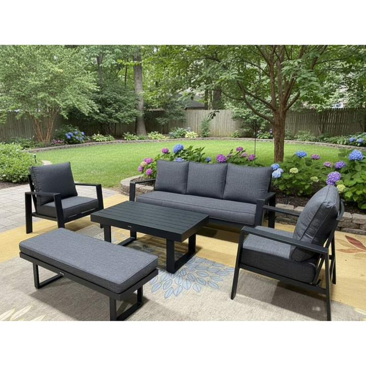 5-Piece Black Aluminium Outdoor Sofa Set | Dark Grey Cushions | Bench & Slatted Table