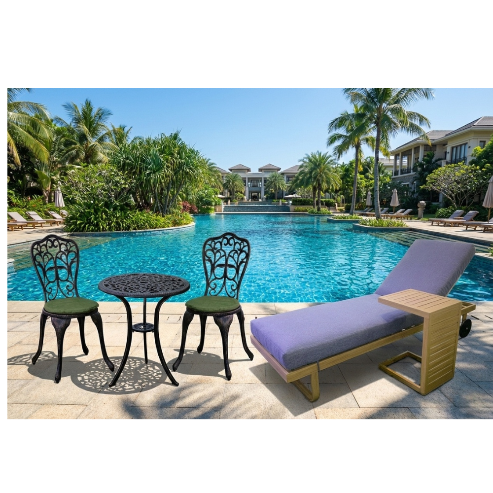 Wooden paint sunlounge with grey cushion and side table by Casa Fiora, perfect for outdoor relaxation.