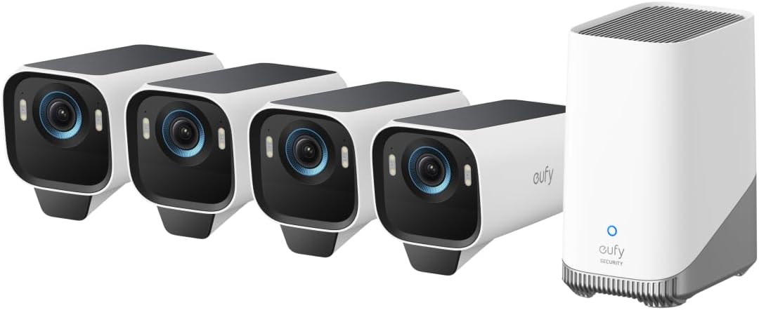 eufy Security eufyCam S3 Pro 4-Cam kit Solar Security Camera Outdoor Wireless, Colour Night Vision, 4K Resolution, Forever Power 2.0, Face Recognition AI, Expandable Local Storage