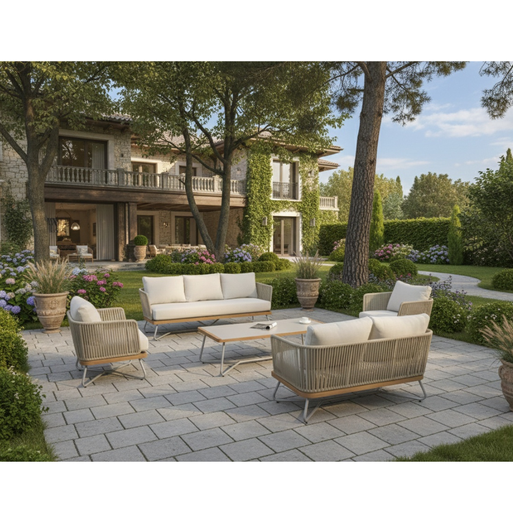 7-seater aluminum outdoor lounge set by Casa Fiora, featuring plush cushions and a modern design for outdoor relaxation.