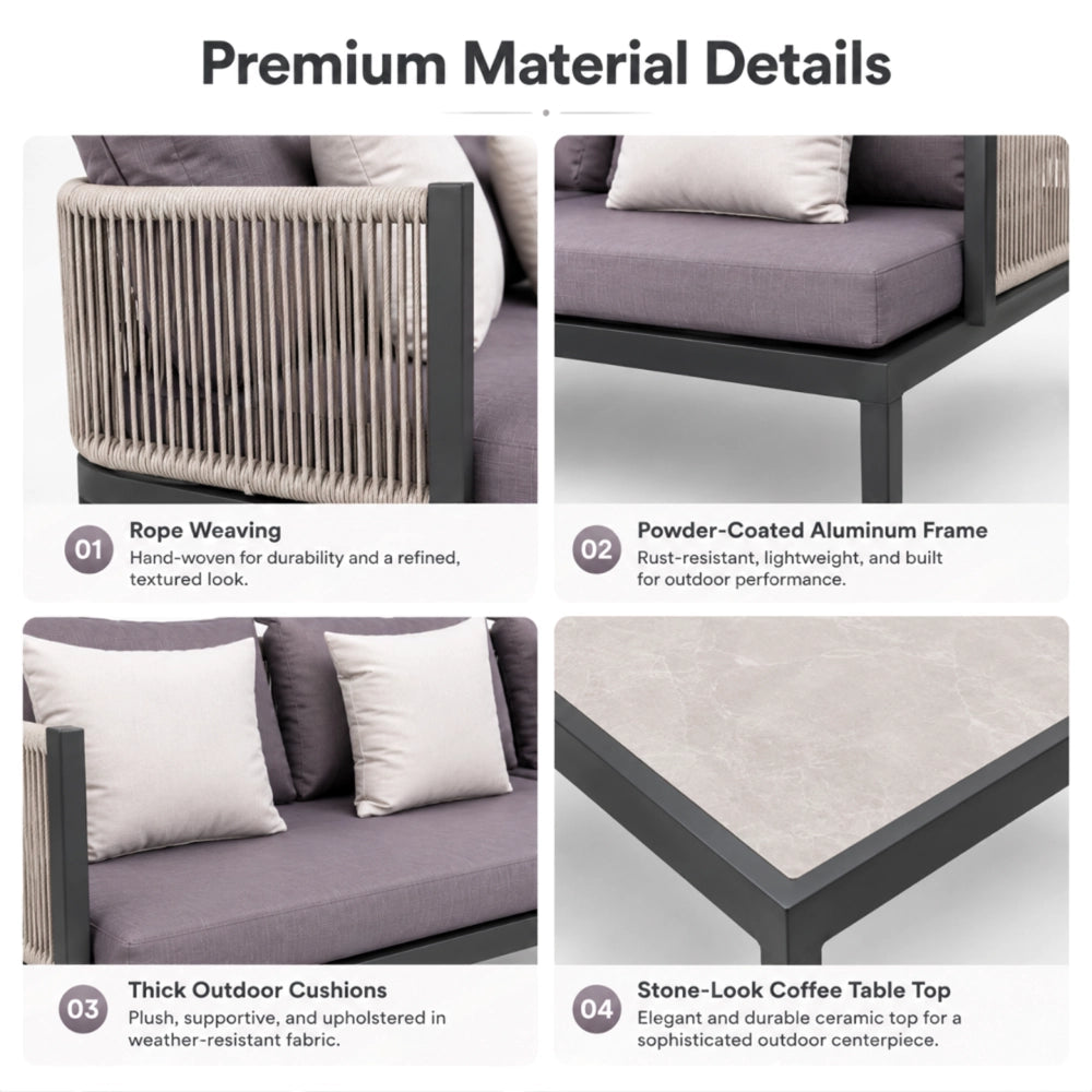 Outdoor 10-seater L-shape rope sectional sofa set with aluminium frame and sintered stone table by The Outdoor Furniture Market.