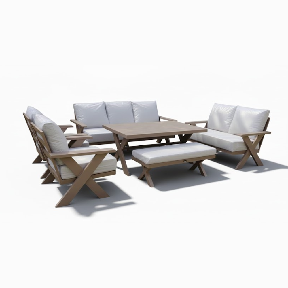 Casa Fiora 9-seater outdoor aluminum sofa set with cushioned seats and armrests, ideal for patio or garden lounging.