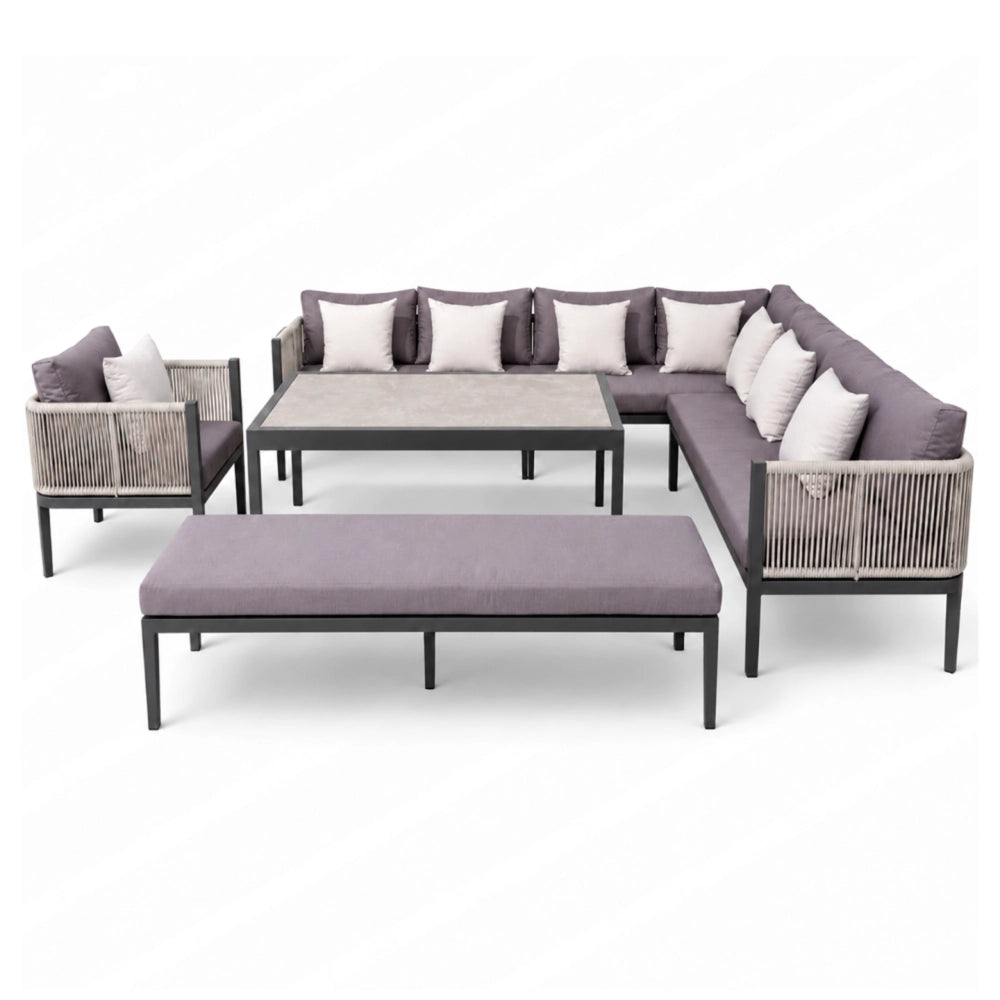 Outdoor 10-seater L-shape rope sectional sofa set with aluminium frame and sintered stone table by The Outdoor Furniture Market