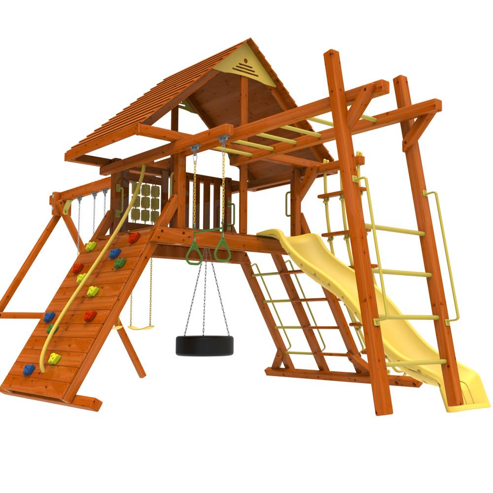 Kiddoro Discovery Den kids outdoor playset with monkey bar swing set, colorful climbing frame, and slide for active play.