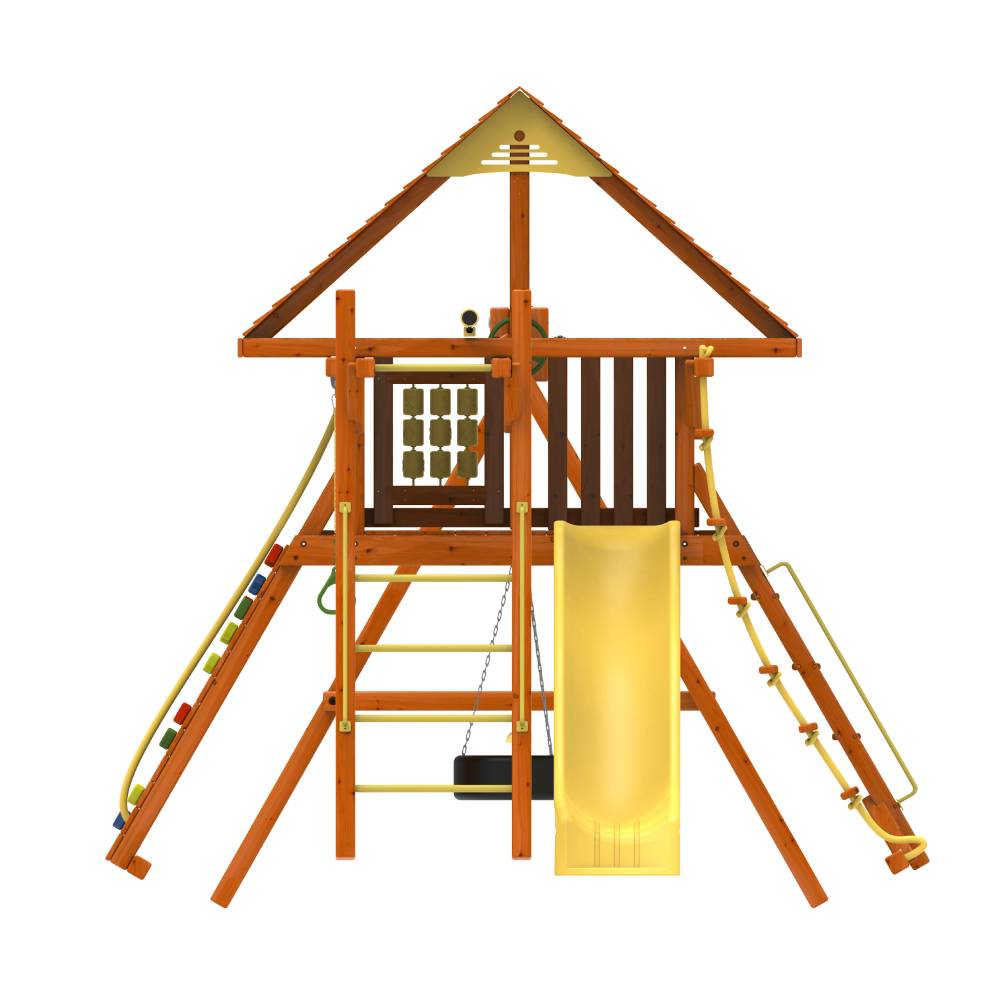 Kiddoro Discovery Den kids outdoor playset with a monkey bar swing set, featuring a colorful climbing dome and slide for children.